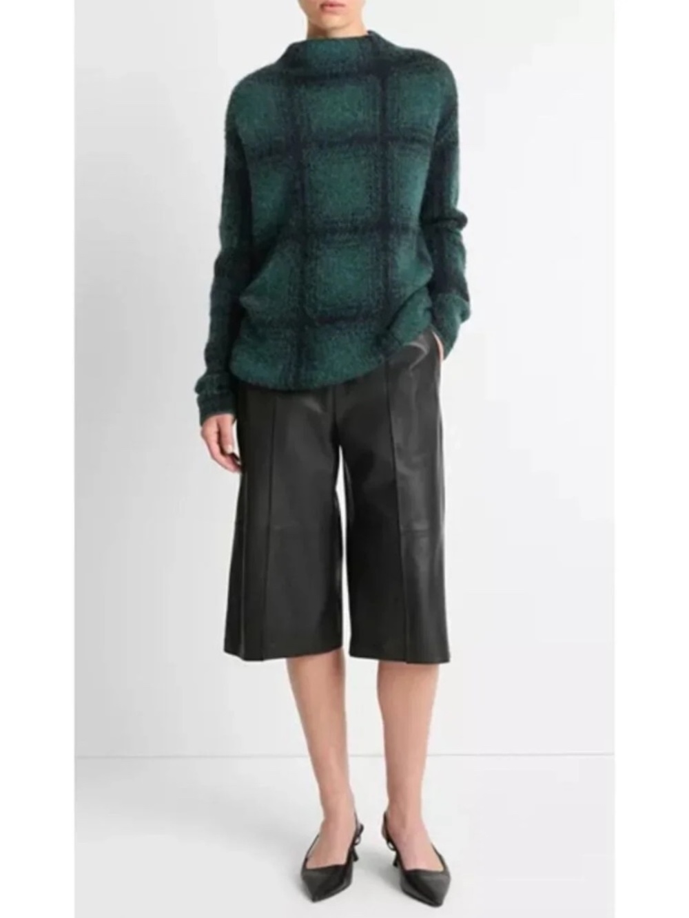 NWOT VINCE Shadow-Plaid Funnel-Neck Moss Green and Black size XS